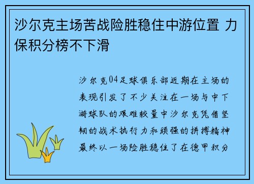 沙尔克主场苦战险胜稳住中游位置 力保积分榜不下滑