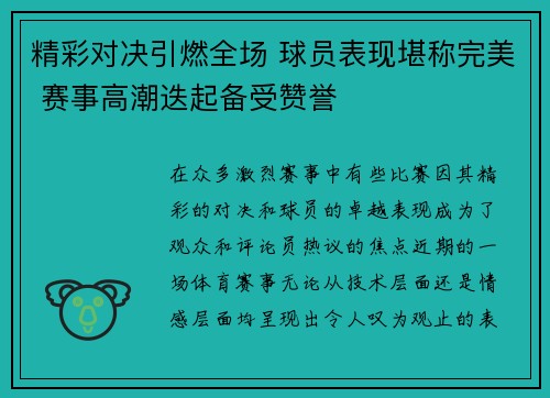 精彩对决引燃全场 球员表现堪称完美 赛事高潮迭起备受赞誉