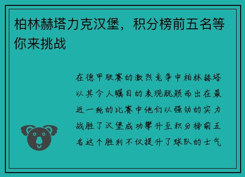 柏林赫塔力克汉堡,积分榜前五名等你来挑战