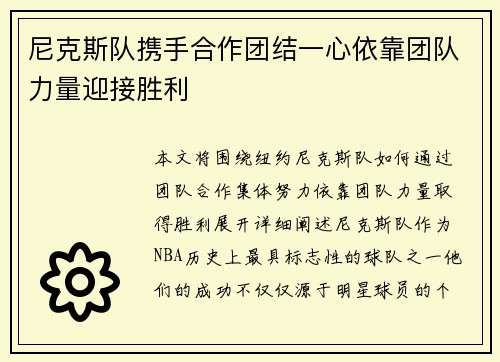 尼克斯队携手合作团结一心依靠团队力量迎接胜利