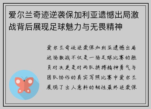 爱尔兰奇迹逆袭保加利亚遗憾出局激战背后展现足球魅力与无畏精神