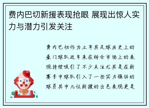 费内巴切新援表现抢眼 展现出惊人实力与潜力引发关注