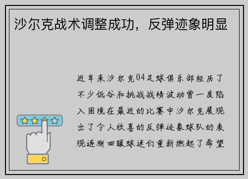 沙尔克战术调整成功,反弹迹象明显