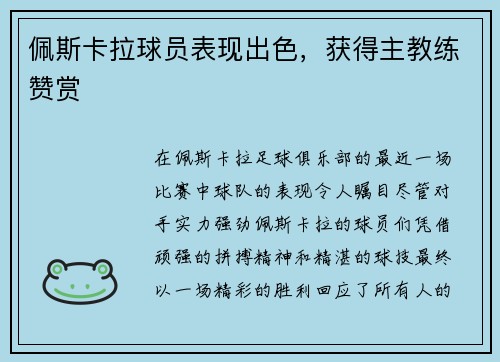 佩斯卡拉球员表现出色，获得主教练赞赏