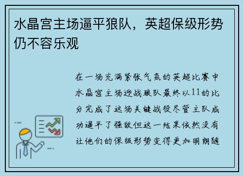 水晶宫主场逼平狼队,英超保级形势仍不容乐观