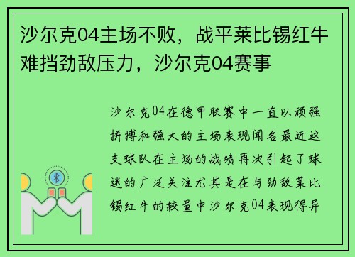 沙尔克04主场不败，战平莱比锡红牛难挡劲敌压力，沙尔克04赛事